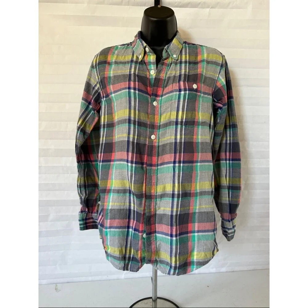 Old Navy Girls Multicolor Plaid Button Down Shirt Teal Pink Yellow Navy Size XL